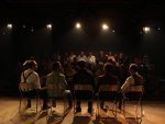 Imagen de escenario en el teatro Fernán Gómez Centro Cultural de la Villa con el equipo de Excítame el musical